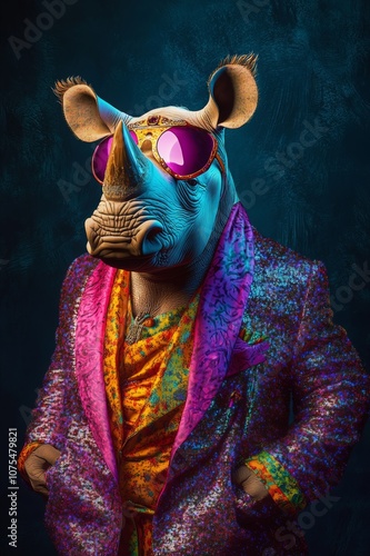 Portrait of disco style rhino. Ai generative art