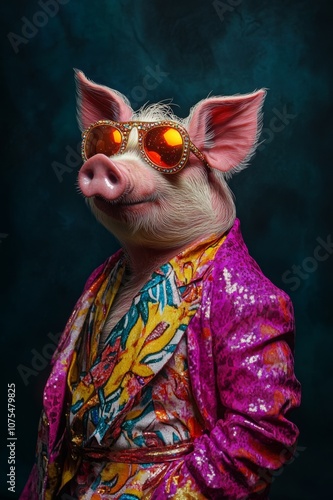 Portrait of disco style pig. Ai generative art