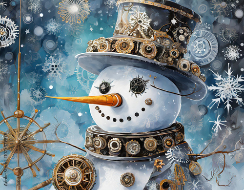 Design a stylized goth snowman with a mix of whimsy and steampunk. Include a gear-top hat, mechanical arm with gears and pistons, and a delicate wand - generated by ai photo