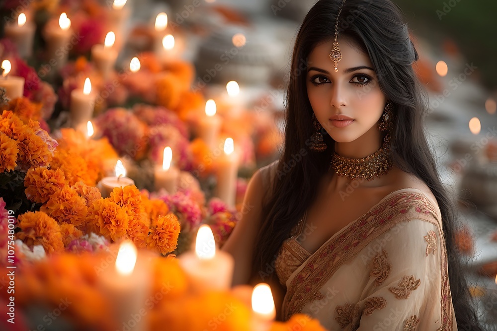 Mystical Woman in Sari with Candlelight Glow and Sparkly Jewelry Mystical Woman in Sari with Candlelight Glow and Sparkly Jewelry