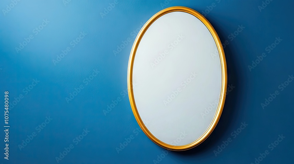 Elegant white arch-shaped wall mirror with brass frame showcasing simplicity against a solid blue background Elegant white arch-shaped wall mirror with brass frame showcasing simplicity against a solid blue background