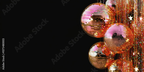 Cluster of gold disco balls with glittering star streamers on a black background, evoking a festive and glamorous party atmosphere.