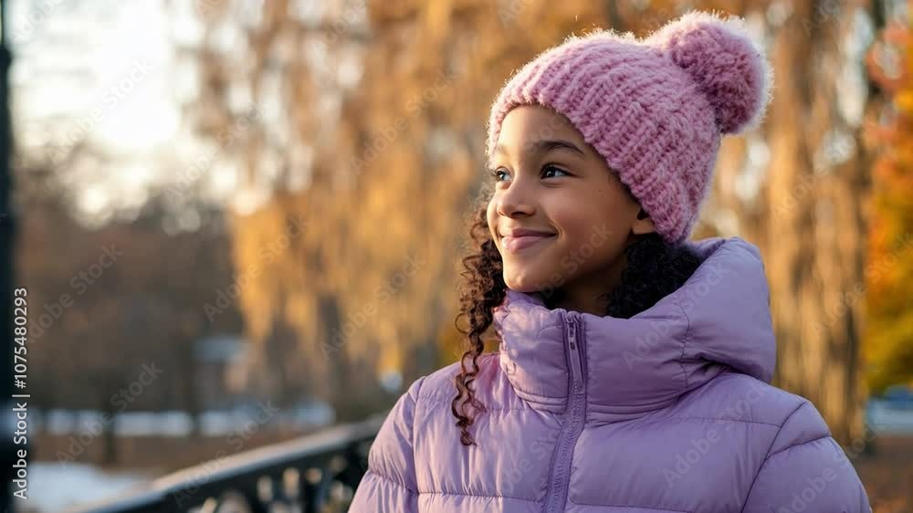 Young black girl enjoying a winter day in a park, wearing a cozy hat and jacket, with sunlight illuminating her smile Young black girl enjoying a winter day in a park, wearing a cozy hat and jacket, with sunlight illuminating her smile