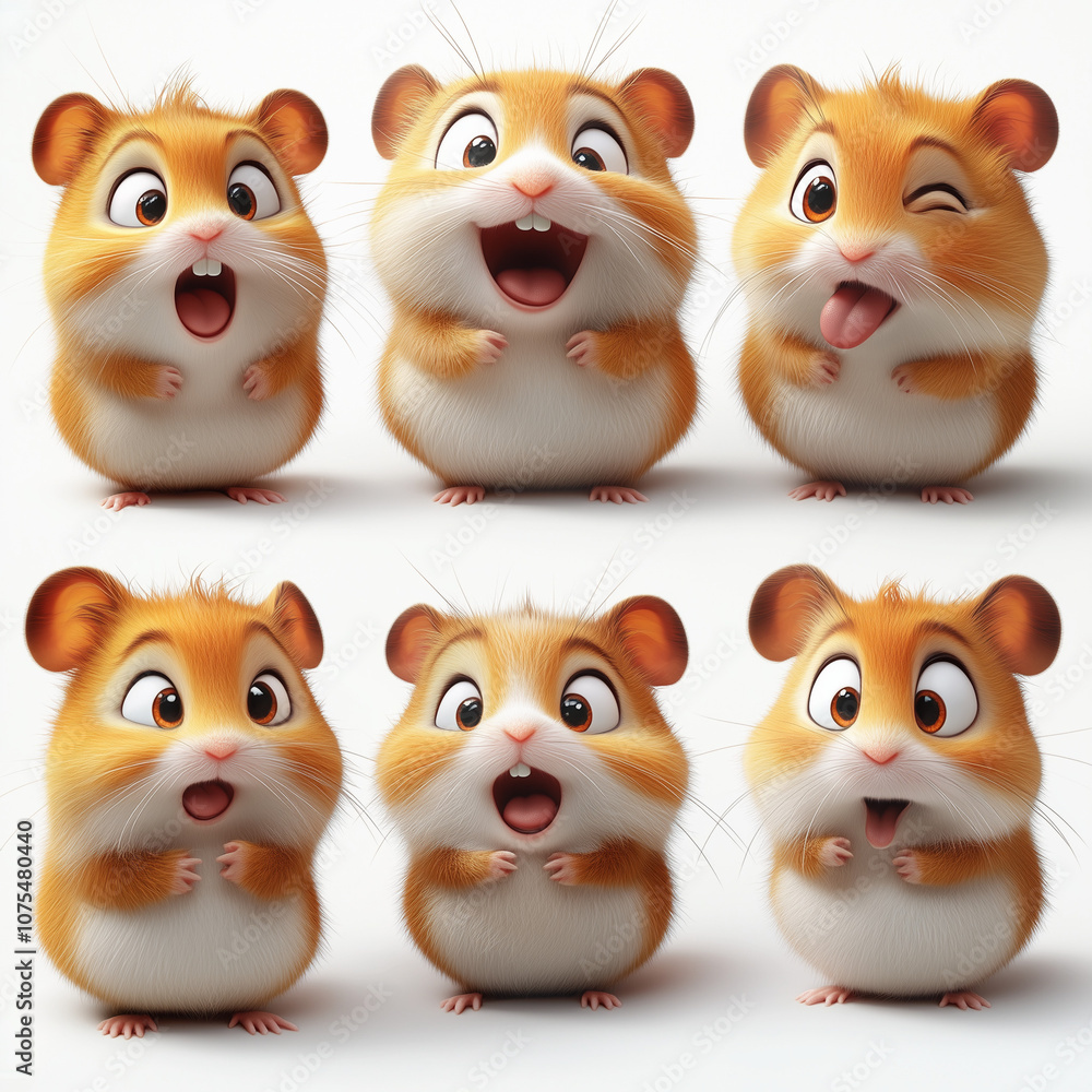 Fototapeta premium Adorable cartoon-style hamsters showcasing a variety of cheerful expressions in a fun grid layout