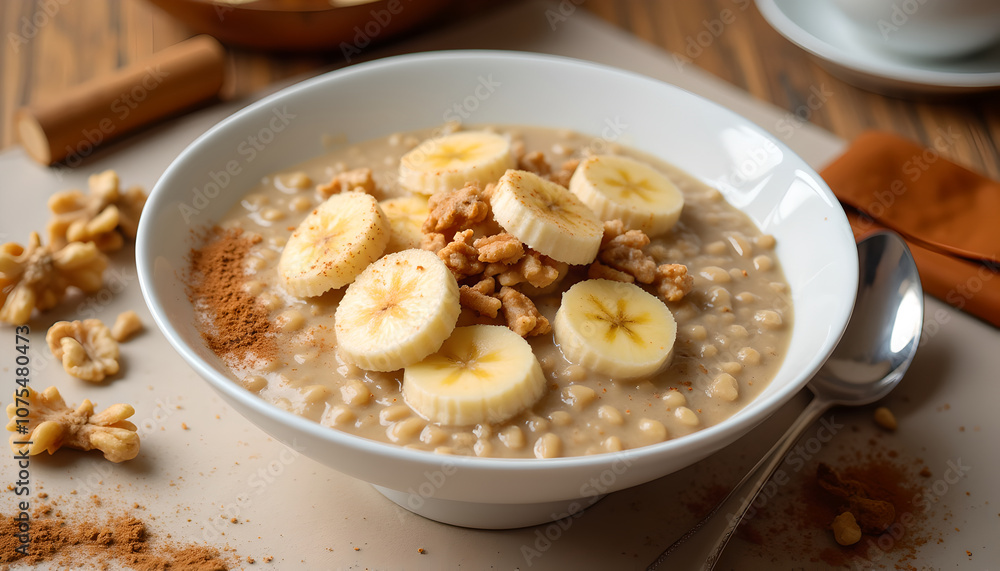 Banana oatmeal with walnuts and cinnamon in white bowl Banana oatmeal with walnuts and cinnamon in white bowl