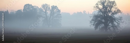 Early morning mist rises from the fields as trees stand tall and still in the background, crops, landscape, rural