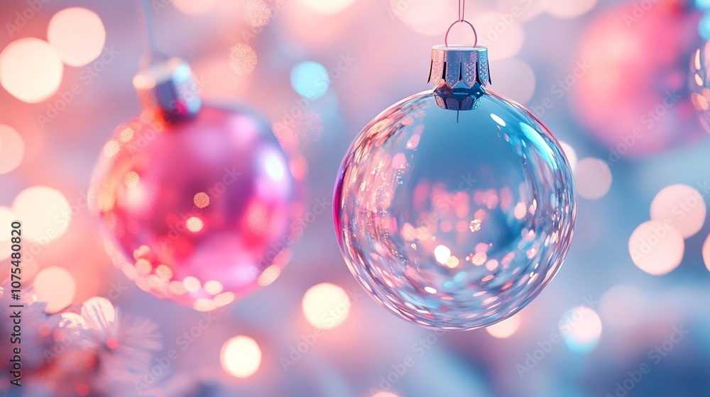 Fototapeta premium Transparent Christmas Baubles in Pink and Blue with Bokeh Lights