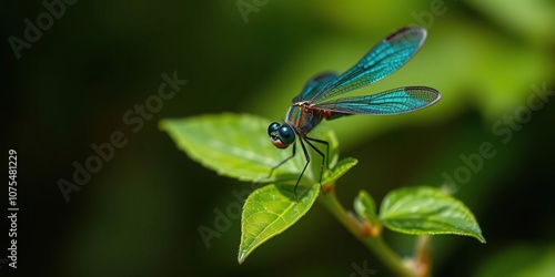 dragonfly rhyothemis phylis with iridescent blue and green wings perched on a small green leaf, rhyothemis phylis, foliage, insect behavior photo