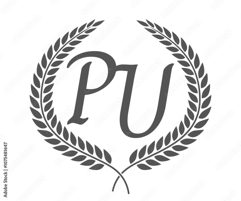 Initial letter P and U, PU monogram logo design with laurel wreath. Luxury calligraphy font. Initial letter P and U, PU monogram logo design with laurel wreath. Luxury calligraphy font.