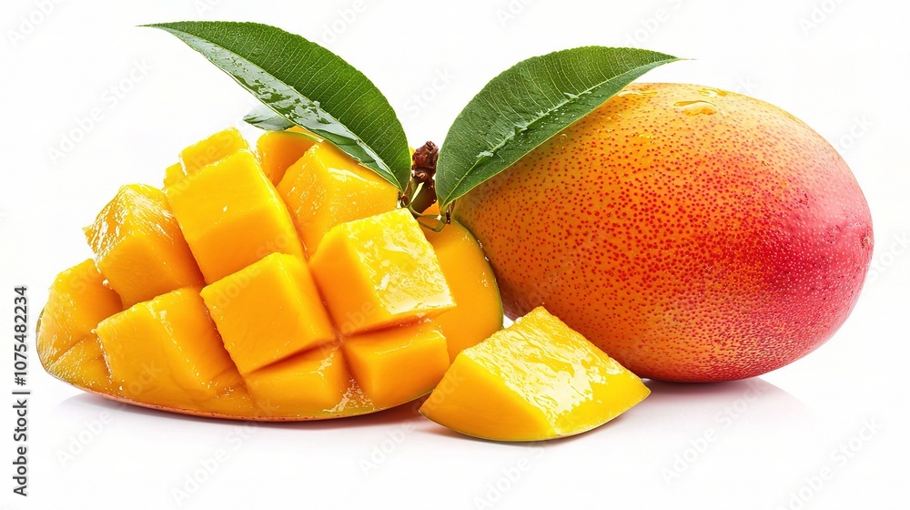 Fresh Isolated Mango with Slices and Leaves on White Background for Culinary and Tropical Fruit Concepts