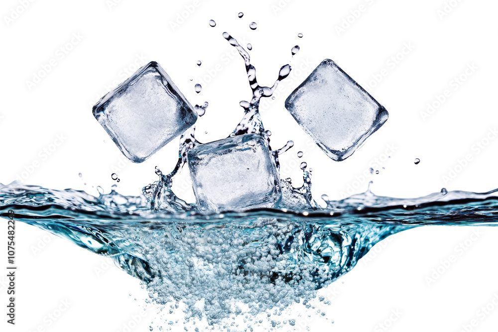 Ice Cubes Splashing in Water isolated on a transparent background Ice Cubes Splashing in Water isolated on a transparent background