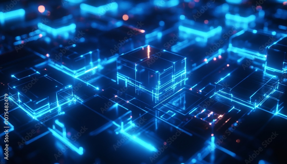 Blue Glowing Network of Cubes in a Futuristic Digital Space Blue Glowing Network of Cubes in a Futuristic Digital Space