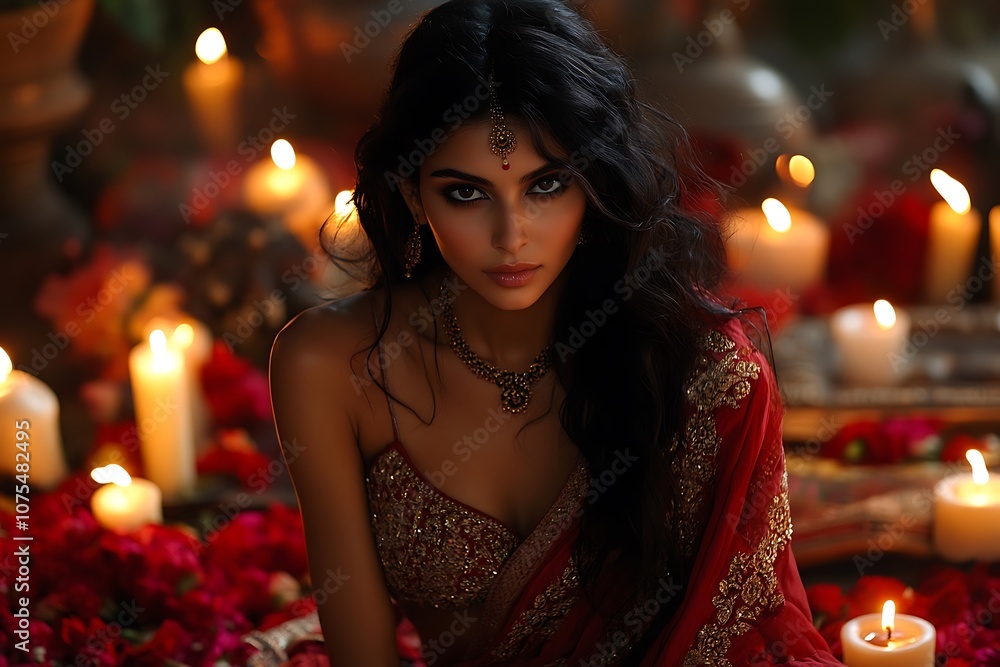 Sensual Indian Woman in Red Sari with Candlelight Glow Sensual Indian Woman in Red Sari with Candlelight Glow