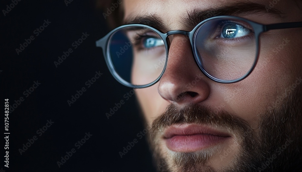 Young Man with Glasses Looking Thoughtfully to the Side with Soft Lighting in Background Young Man with Glasses Looking Thoughtfully to the Side with Soft Lighting in Background