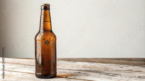 A glass beer bottle with a distinctive Corsican chestnut shape and a worn, earthy patina, rustic charm, natural beauty, rustic, weathered