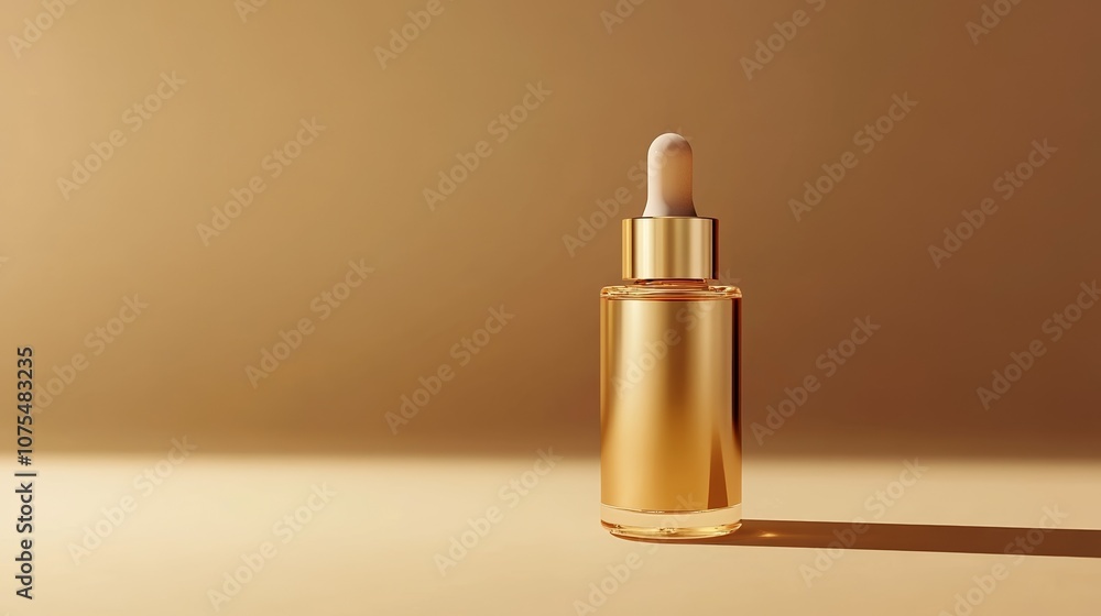 Naklejka premium Luxurious Gold Skincare Serum in Elegant Glass Bottle on Beige Surface