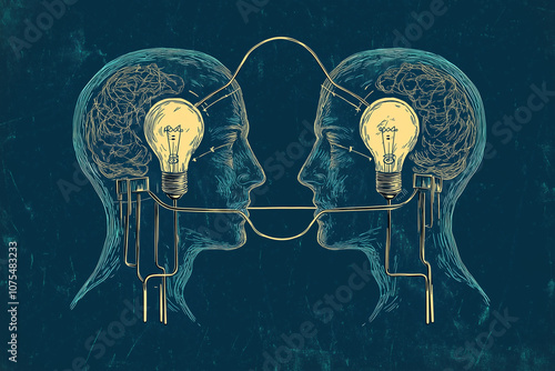 Illustration of two heads connected by wires with light bulbs inside their heads.