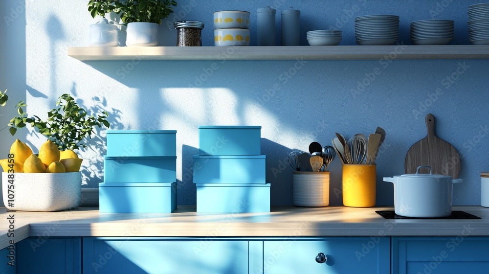 Organized Display of Vibrant Blue Kitchenware on a Shelf Organized Display of Vibrant Blue Kitchenware on a Shelf
