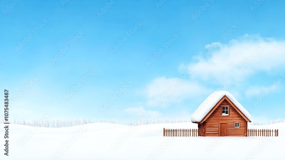 A cozy wooden house blanketed in snow with a charming fence against a clear blue sky on a sunny winter day A cozy wooden house blanketed in snow with a charming fence against a clear blue sky on a sunny winter day