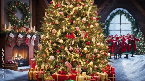 Christmas Cheer: A beautifully decorated Christmas tree stands tall in a cozy living room, surrounded by presents and a fireplace. A group of cheerful elves sing carols in the background.