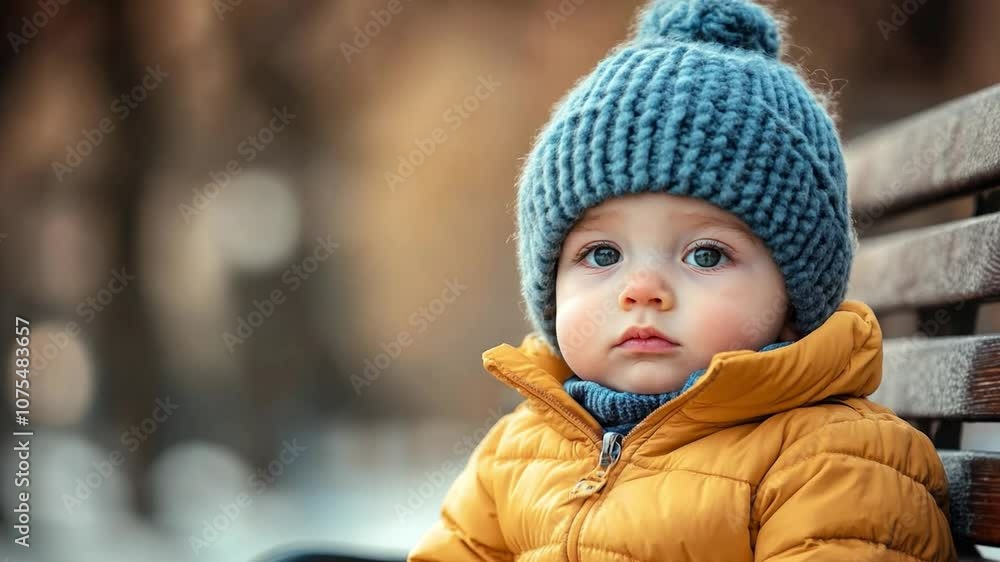 A young child in a cozy yellow jacket and blue knitted hat sits on a park bench during a chilly winter day A young child in a cozy yellow jacket and blue knitted hat sits on a park bench during a chilly winter day
