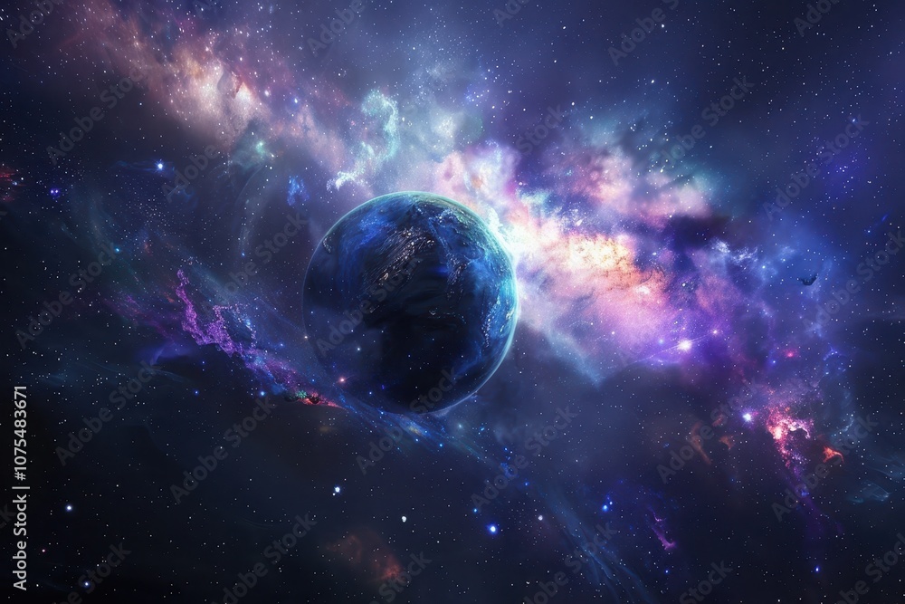 Naklejka premium Earth from Space with Glowing Nebula and Stars