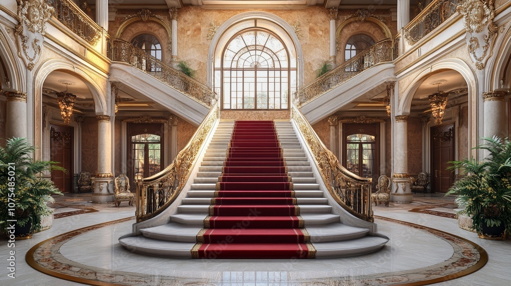 Opulent Staircase in Grand Building with Golden Details and Sunlight Streaming Through Windows Opulent Staircase in Grand Building with Golden Details and Sunlight Streaming Through Windows