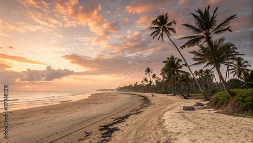 Beach at sunrise with sandy shore and palm trees, serene landscape, dawn patrol, outdoor scenery, peaceful atmosphere