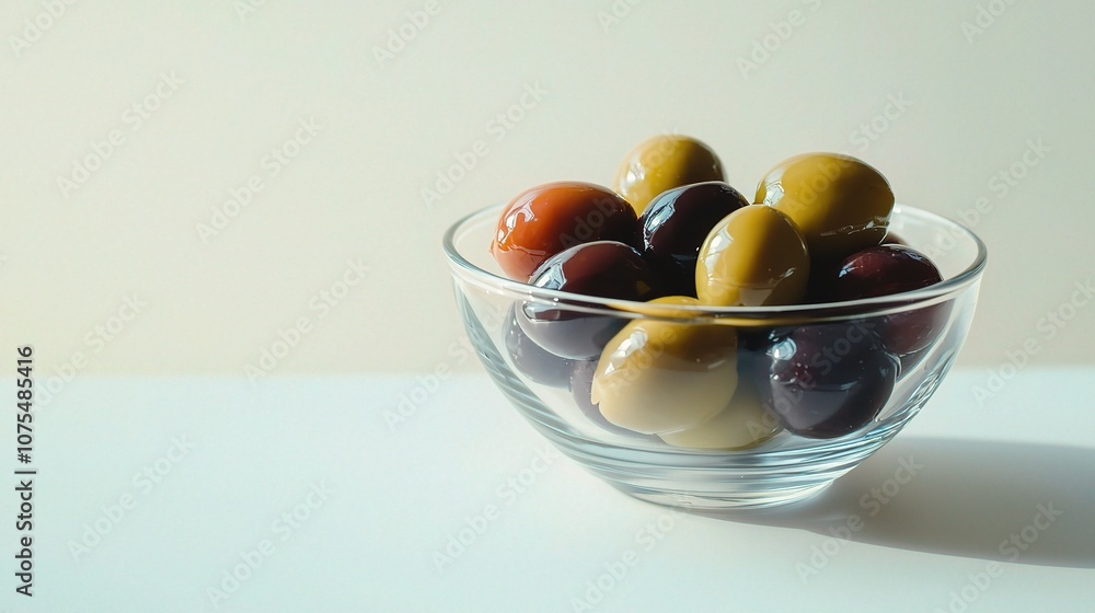 A Clear Glass Bowl Filled with Colorful Olives, Isolated on a White Background, Perfect for Culinary and Food-Themed Stock Images A Clear Glass Bowl Filled with Colorful Olives, Isolated on a White Background, Perfect for Culinary and Food-Themed Stock Images