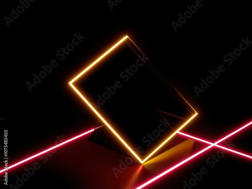 Geometric cube with glowing edges and neon lines on dark background, optical illusions, geometric shapes, high contrast lighting