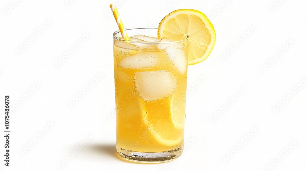 Refreshing Glass of Homemade Lemonade with Ice Cubes and Lemon Slice on White Background Perfect for Summer Refreshment and Beverage Advertisements Refreshing Glass of Homemade Lemonade with Ice Cubes and Lemon Slice on White Background Perfect for Summer Refreshment and Beverage Advertisements