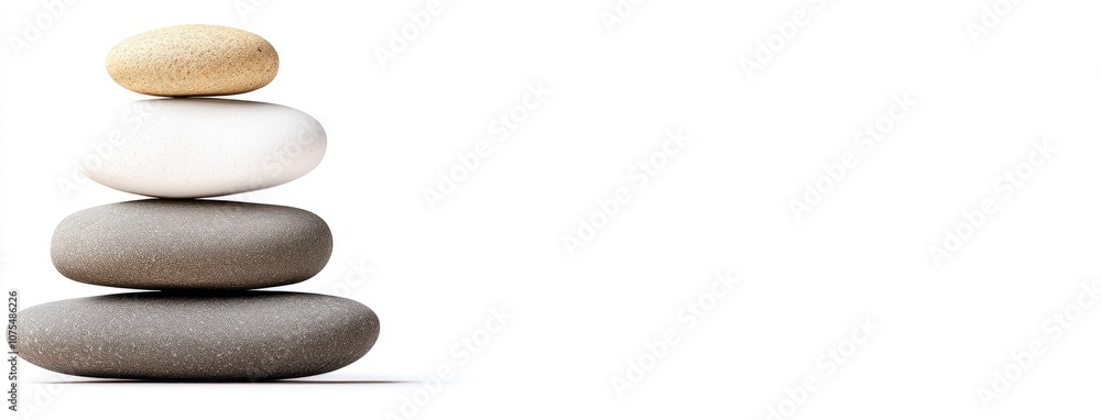A serene stack of smooth stones against a clean white backdrop, perfect for tranquility and mindfulness expressions A serene stack of smooth stones against a clean white backdrop, perfect for tranquility and mindfulness expressions