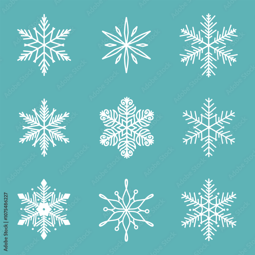 Fototapeta premium Unique snowflakes set, detailed hand drawn flat vector line illustration. Graphic outline drawing. Christmas and New Year symbol. Beautiful snowflake silhouette icon for frosty winter designs.
