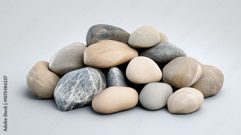 A tranquil arrangement of smooth rounded rocks set against a plain background, evoking calmness and natural beauty A tranquil arrangement of smooth rounded rocks set against a plain background, evoking calmness and natural beauty