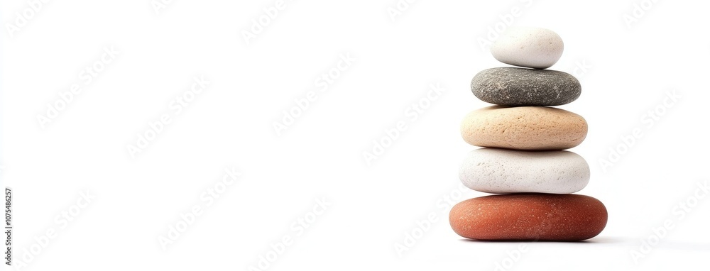 A serene stack of smooth rocks balanced gently on a white background, creating a peaceful focal point for relaxation and inspiration A serene stack of smooth rocks balanced gently on a white background, creating a peaceful focal point for relaxation and inspiration