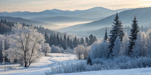 Frosty forest landscape with snow-covered trees and mountains in the background, Paaso mountain, mountains, peaceful photo