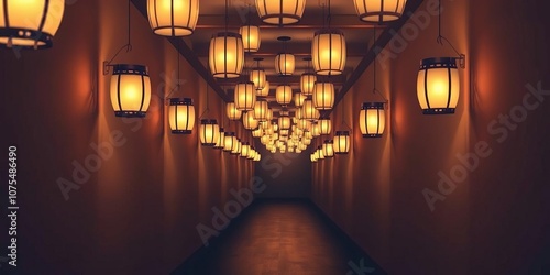 Long hallway lined with floating lanterns casting a warm, soft light, floating lanterns, surreal scenery, ethereal light photo