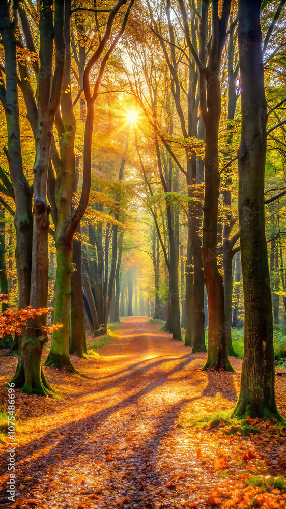 Fototapeta premium Tranquil Forest Path Covered with Fallen Leaves and Dappled Sunlight Filtering Through the Trees, Creating a Serene and Peaceful Woodland Scene