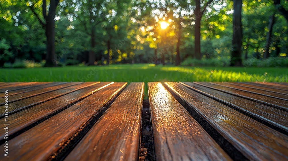 A serene view of wooden planks leading into a sunlit park. A serene view of wooden planks leading into a sunlit park.