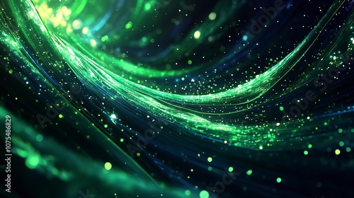 A cosmic swirl of green and blue lights, vibrant and flowing, sense of mystery and wonder, sci-fi and ethereal, futuristic and captivating.