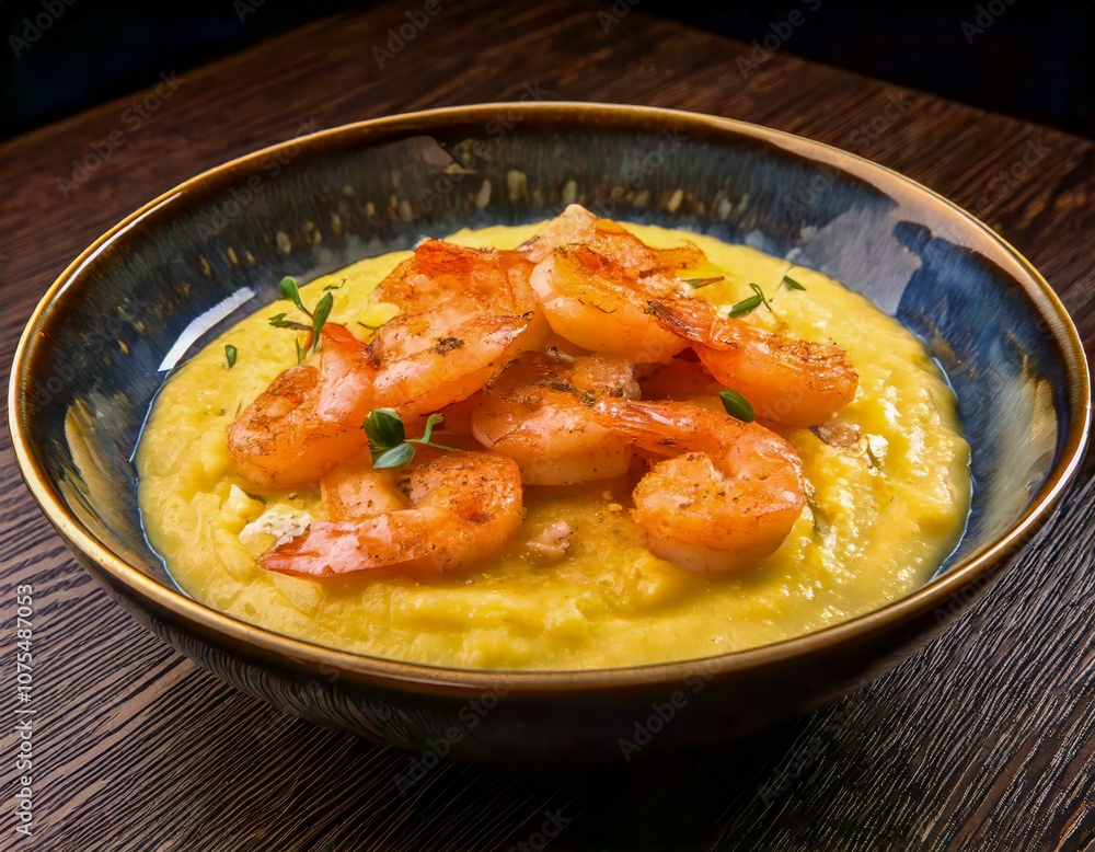 shrimp and cheese grits in blue bowl on wooden table, dark background shrimp and cheese grits in blue bowl on wooden table, dark background