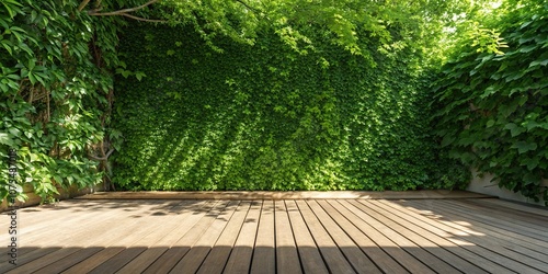 A lush green wall with a wooden platform and leaf shadows stretching across the floor creating an inviting atmosphere, outdoor space, wooden platform, plant life, forest