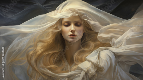 Portrait of an Ancient Greek Oracle with Flowing Golden Hair and Ethereal Veil