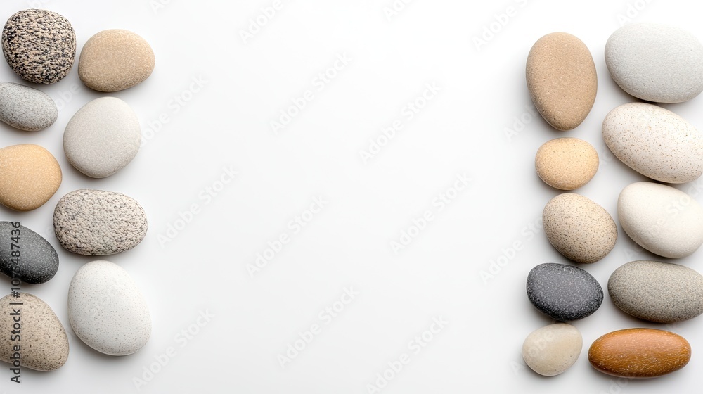 Natural beauty of smooth pebbles artfully arranged on a pristine white background creating a serene and calming atmosphere Natural beauty of smooth pebbles artfully arranged on a pristine white background creating a serene and calming atmosphere