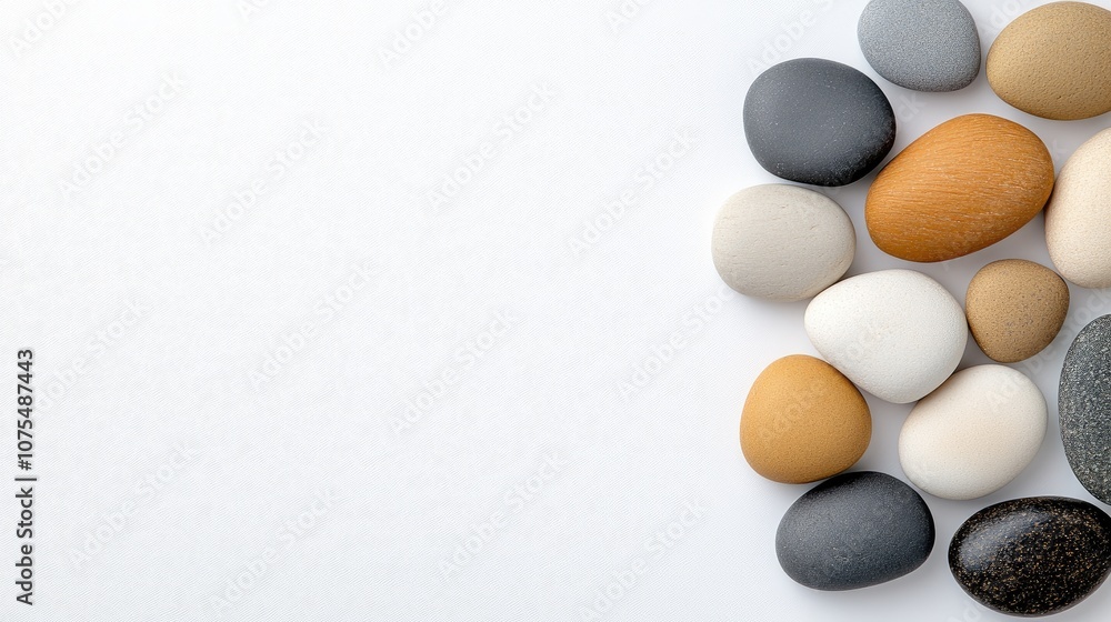 Artistic arrangement of small pebbles and rocks, showcasing natural textures and colors on a clean white background, perfect for design projects Artistic arrangement of small pebbles and rocks, showcasing natural textures and colors on a clean white background, perfect for design projects