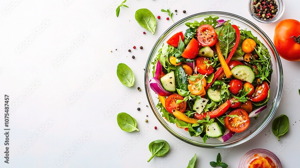 Fresh and Vibrant Vegetable Salad in a Clear Bowl Isolated on White Background, Perfect for Healthy Eating and Nutritional Concepts Fresh and Vibrant Vegetable Salad in a Clear Bowl Isolated on White Background, Perfect for Healthy Eating and Nutritional Concepts