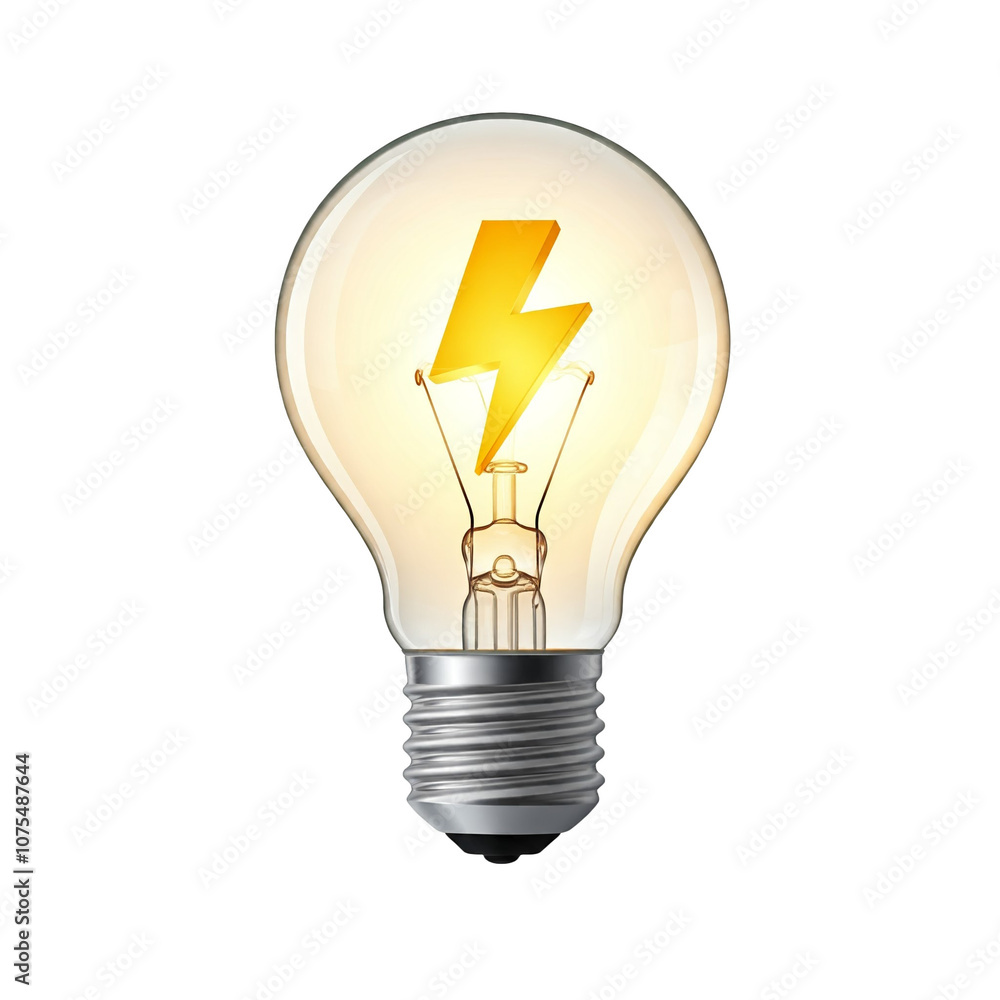 3D Lightbulb Icon with Glowing Filament and Bright Yellow Lightning Bolt Inside, Representing Energy and Power, Metallic Base