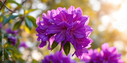 Purple rhododendron flowers swaying gently in the breeze, bathed in the soft, golden light of a sunny day, leafy greens, rhododendron