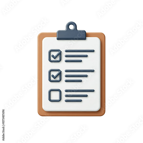 3D Clipboard Icon with Wooden Finish and Checklist Attached, Featuring Three Checkboxes with One Checked Off, Representing Tasks and Organization