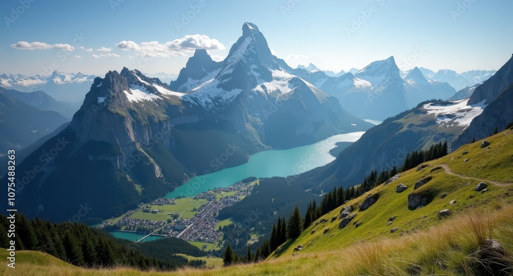 Fototapeta premium Mount Pilatus, Lucerne, Switzerland, jagged mountain peaks with alpine landscape under blue sky. Captured with Nikon D850, showcasing scenic beauty of Swiss Alps.